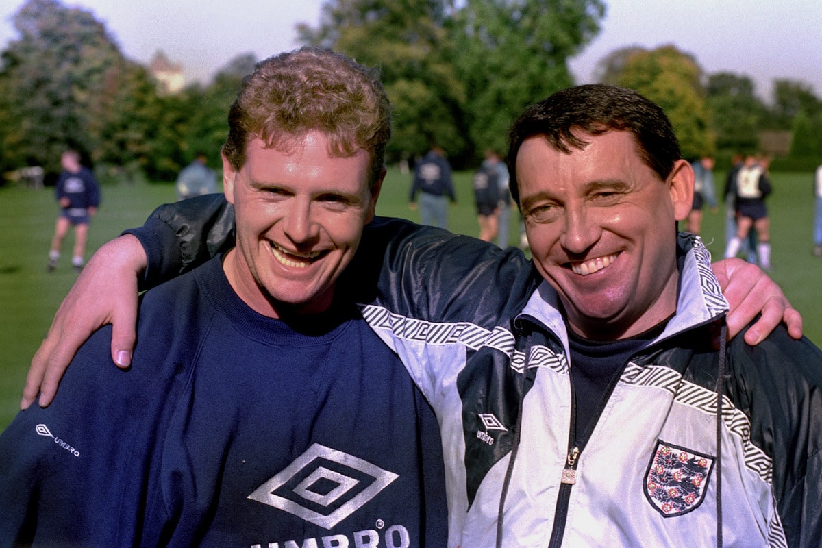 England manager Graham Taylor (right) with midfield player Paul Gascoigne during a break from training at Bisham Abbey.