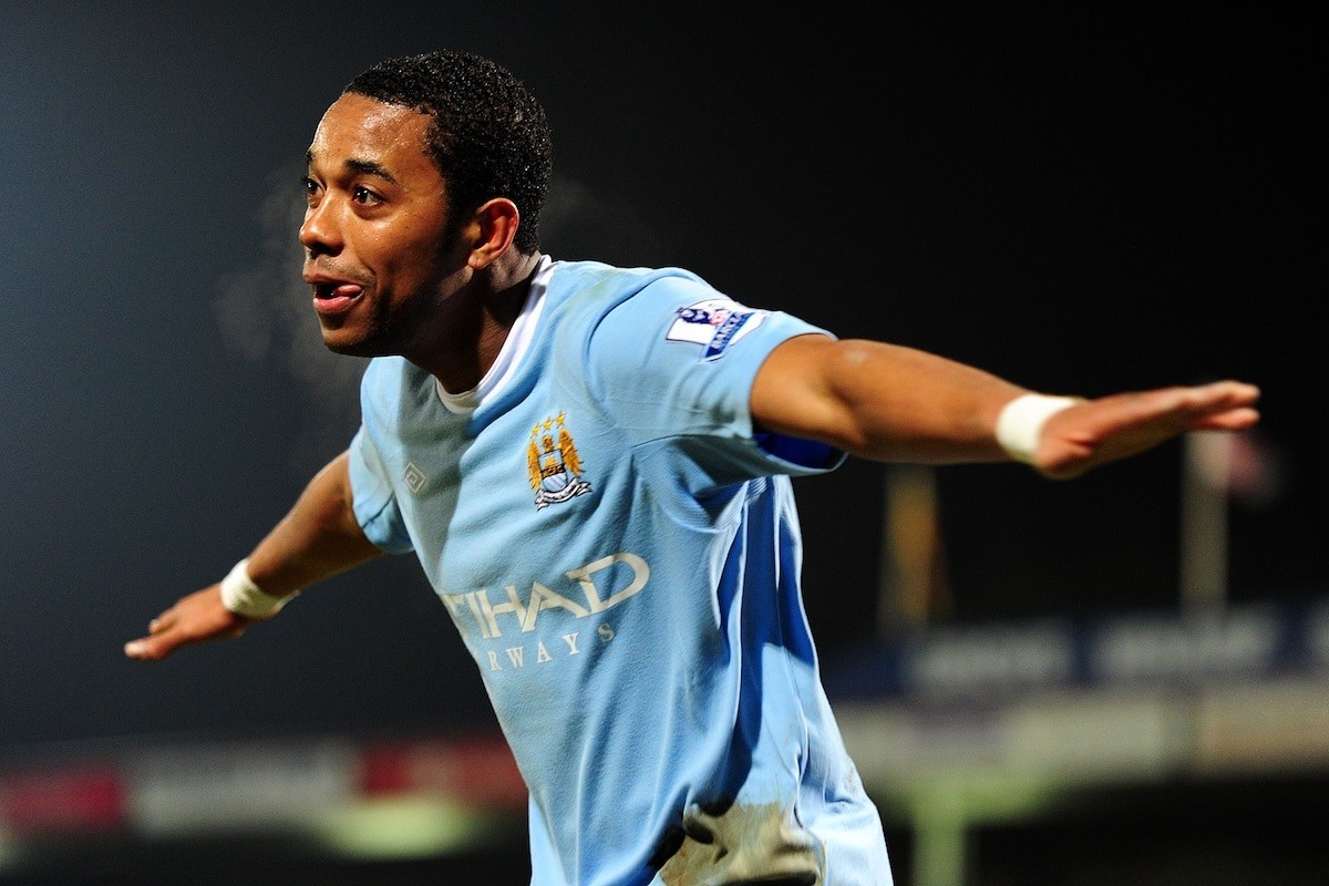 Manchester City's De Souza Robinho celebrates scoring his sides fourth goal of the game