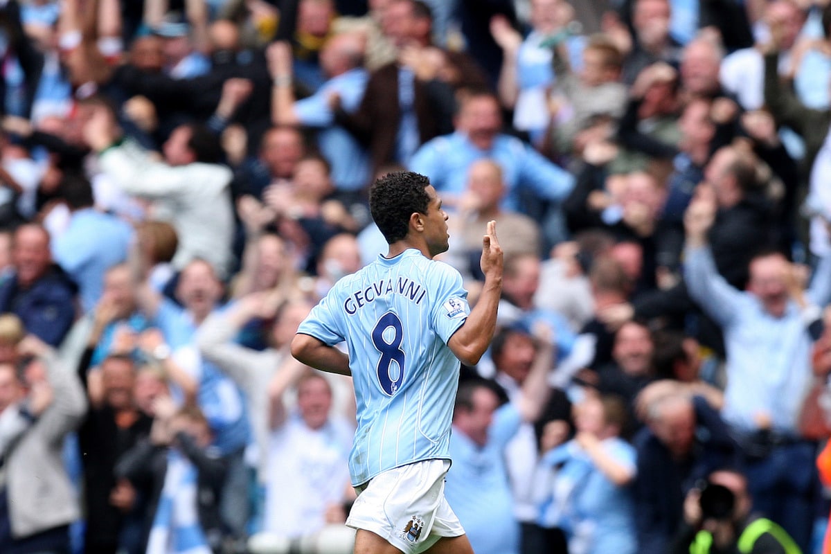 Manchester City's Geovanni celebrates after scoring past Manchester United's goalkeeper Edwin Van Der Saar