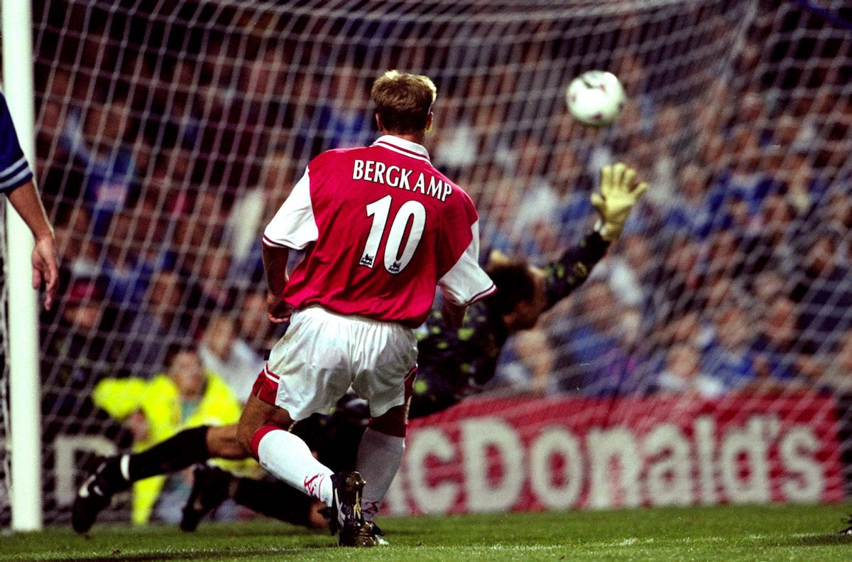 Dennis Bergkamp playing for Arsenal against Leicester City