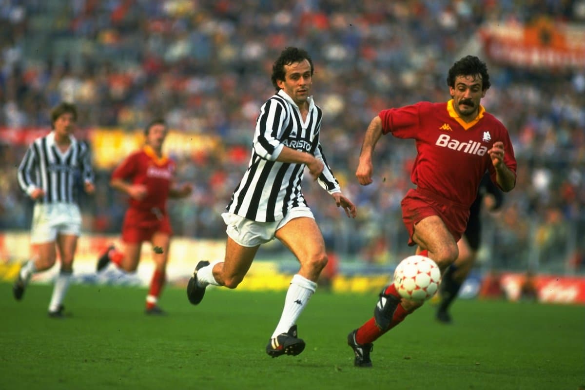 Michel Platini of Juventus and Emidio Oddi of Roma