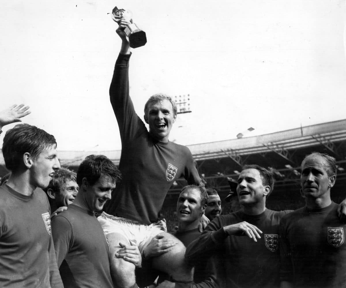 Bobby Moore lifts the Jules Rimet World Cup Trophy in 1966 after England beat West Germany in the World Cup Final at Wembley