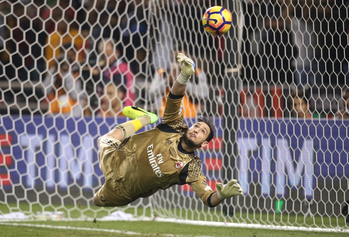 Milan goalkeeper Gianluigi Donnarumma in action for Milan against Juventus in the Italian Cup