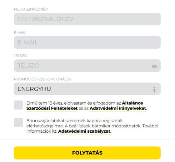 Energy Casino Regisztráció az Energy Casino oldalára