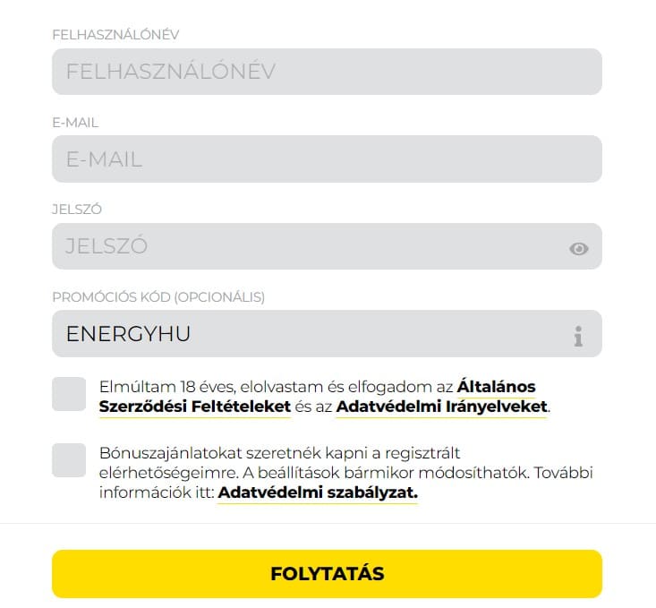 Regisztráció az Energy Casino oldalára