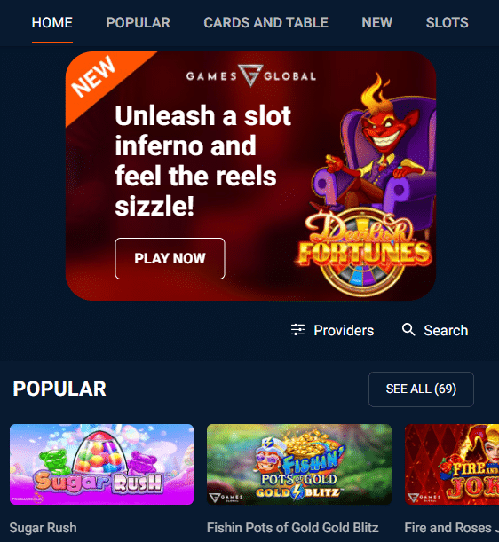 casino games page on Pinnacle ontario mobile