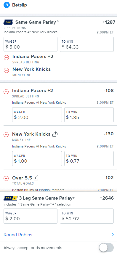 Fanduel sportsbook same game parlay indsiana pacers nyk