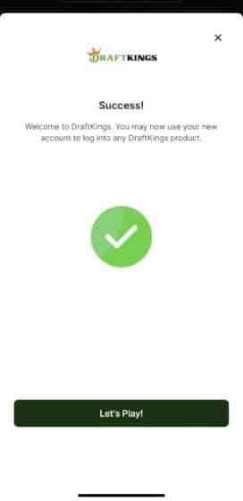 draftkings sportsbook app create account page success
