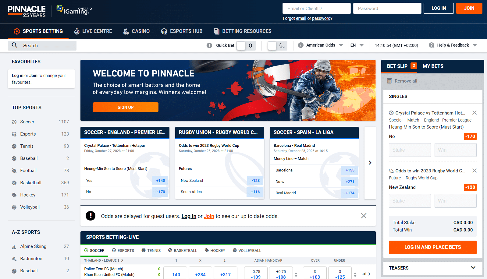 Screenshot of Pinnacle Ontario Canada website, welcome to pinnacle sportsbook, bet now