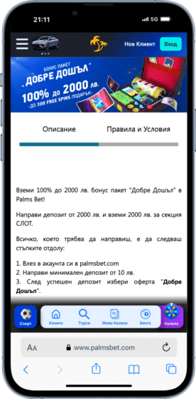 Начален бонус казино палмс бет