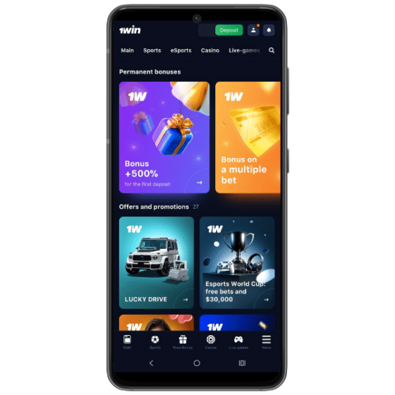 Mobile screenshot showing banners of the sports accumulator bonus, 500% casino bonus, and the casino cashback offer on the 1win homepage