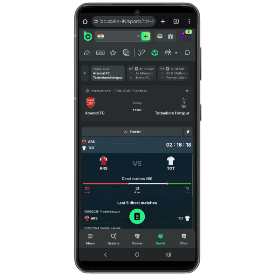 Mobile screenshot displaying Arsenal vs. Tottenham stats on the BC.Game website