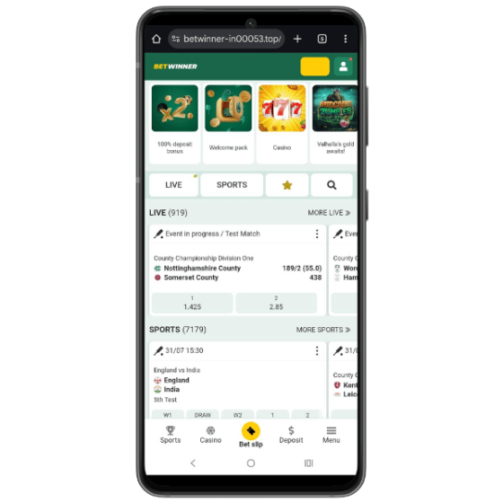 Mobile screen showing the BetWinner mobile site interface with live cricket scores, sports categories, and a navigation bar