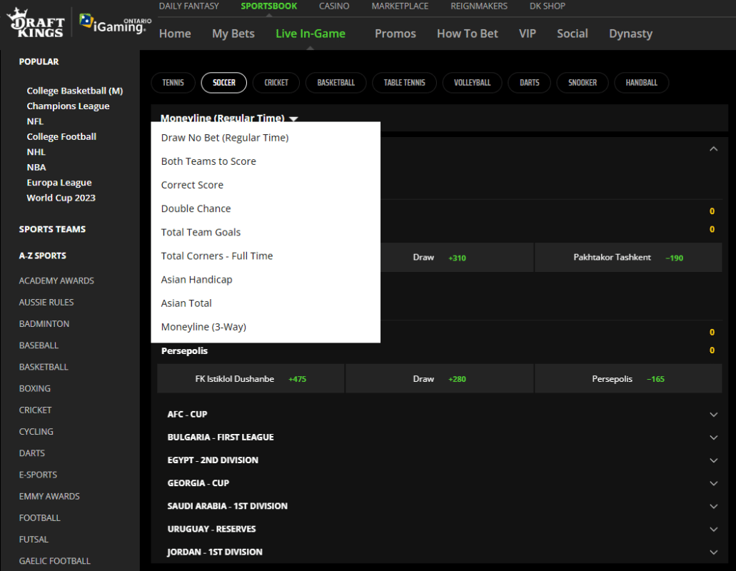 Screenshot of betting markets available on DraftKings