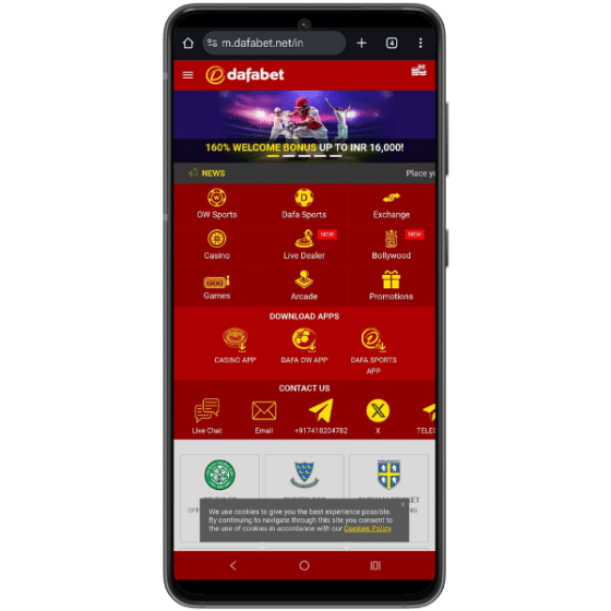 The Dafabet mobile website showing the sports welcome bonus banner along with casino, sports, and pormotions