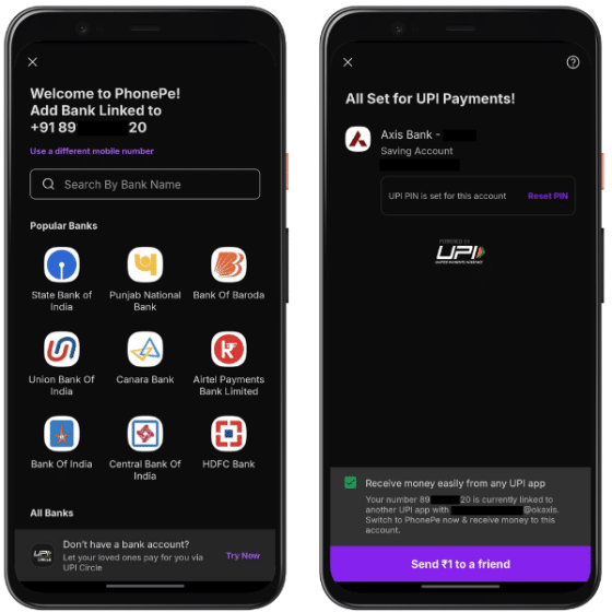 Screenshot showing setting up a PhonePe account by linking mobile number to bank account