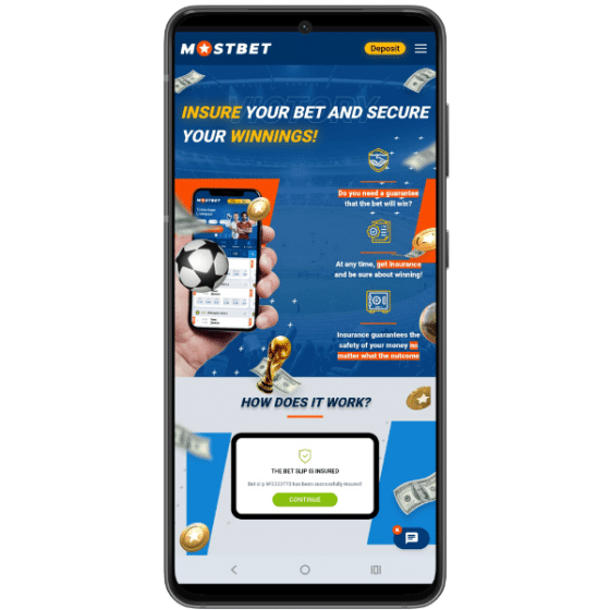 Screenshot showing the Mostbet website on mobile with the Bet Insurance promotion