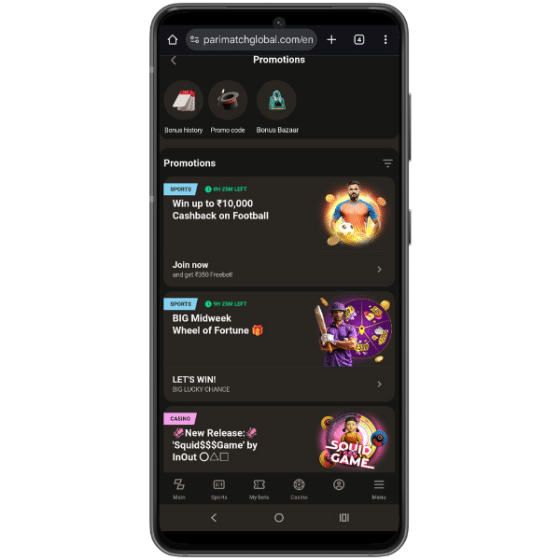 Screenshot showing sports betting promotions on the Parimatch India website