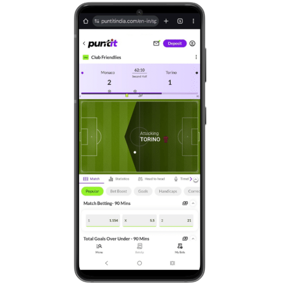 A mobile screen showing the PuntIt website with a live football match between Monaco and Torino, including live stats and match odds