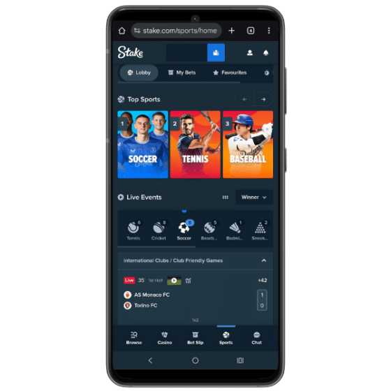 Mobile screenshot showing the Stake homepage with top sports betting options like cricket, football and more