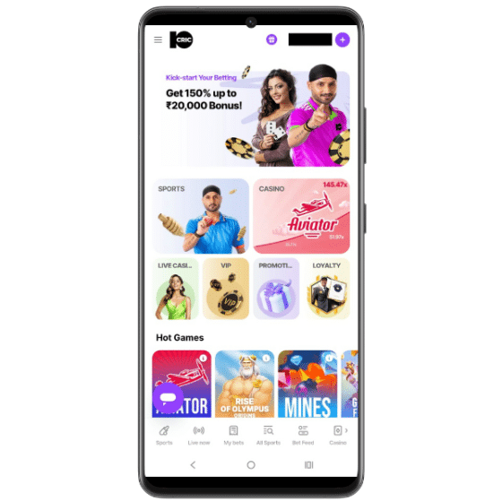 10CRIC mobile app homepage showing sports betting options, casino and promotional banners