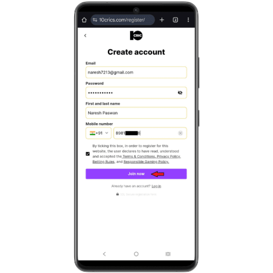 10CRIC mobile registration page with email, password, name and phone number fields along with a 'Join now' button