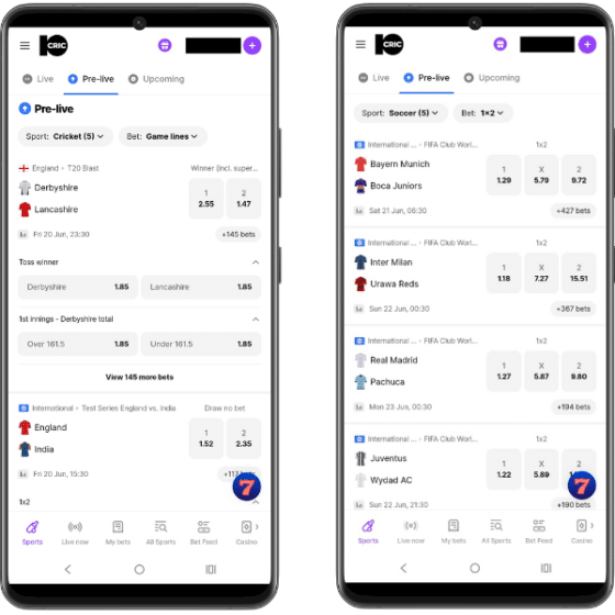 10CRIC mobile site screens showing pre-match and live betting markets for cricket and football matches