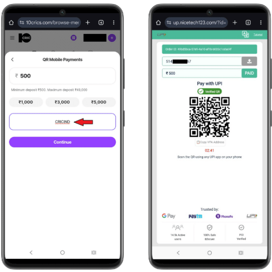 10CRIC mobile deposit page showing UPI QR payments and UPI payment method.