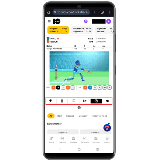 10CRIC mobile website showing a cricket match virtual simulation screen with a scorecard and match statistics