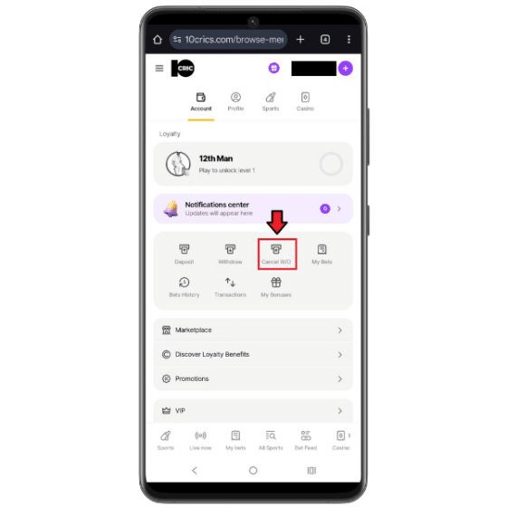 10CRIC mobile site account page displaying other options along with 'cancel withdrawal'