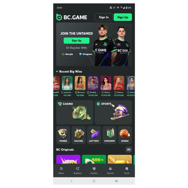 An image showing the homepage of the BC.Game App