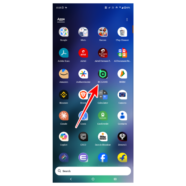 An image showing the Android App Drawer with the icon of BC.Game app
