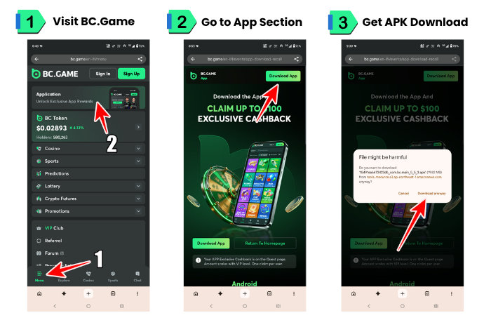An image showing the navigation on BC.Game app to initiate app download