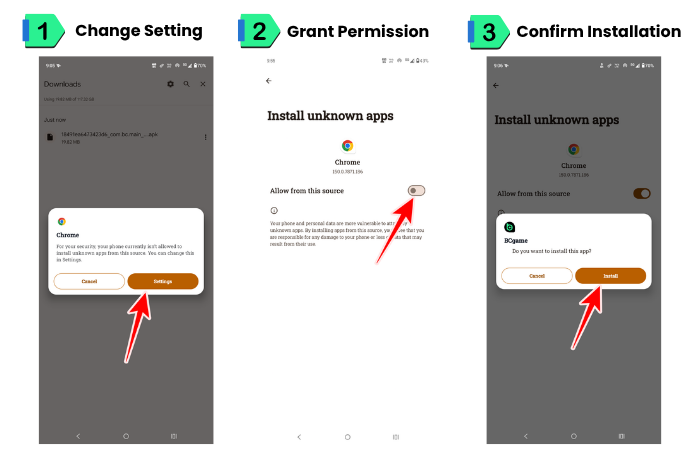 An image showing a sequence of screenshots in the BC Game APK installation process