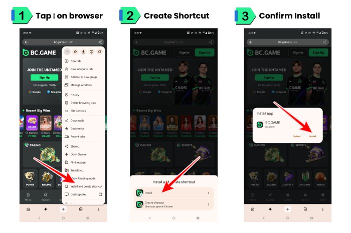 An image showing a sequence of steps needed to add BC.GAME APK Shortcut