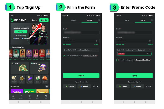 An image showing the sequence of steps to complete BC.Game App Registration
