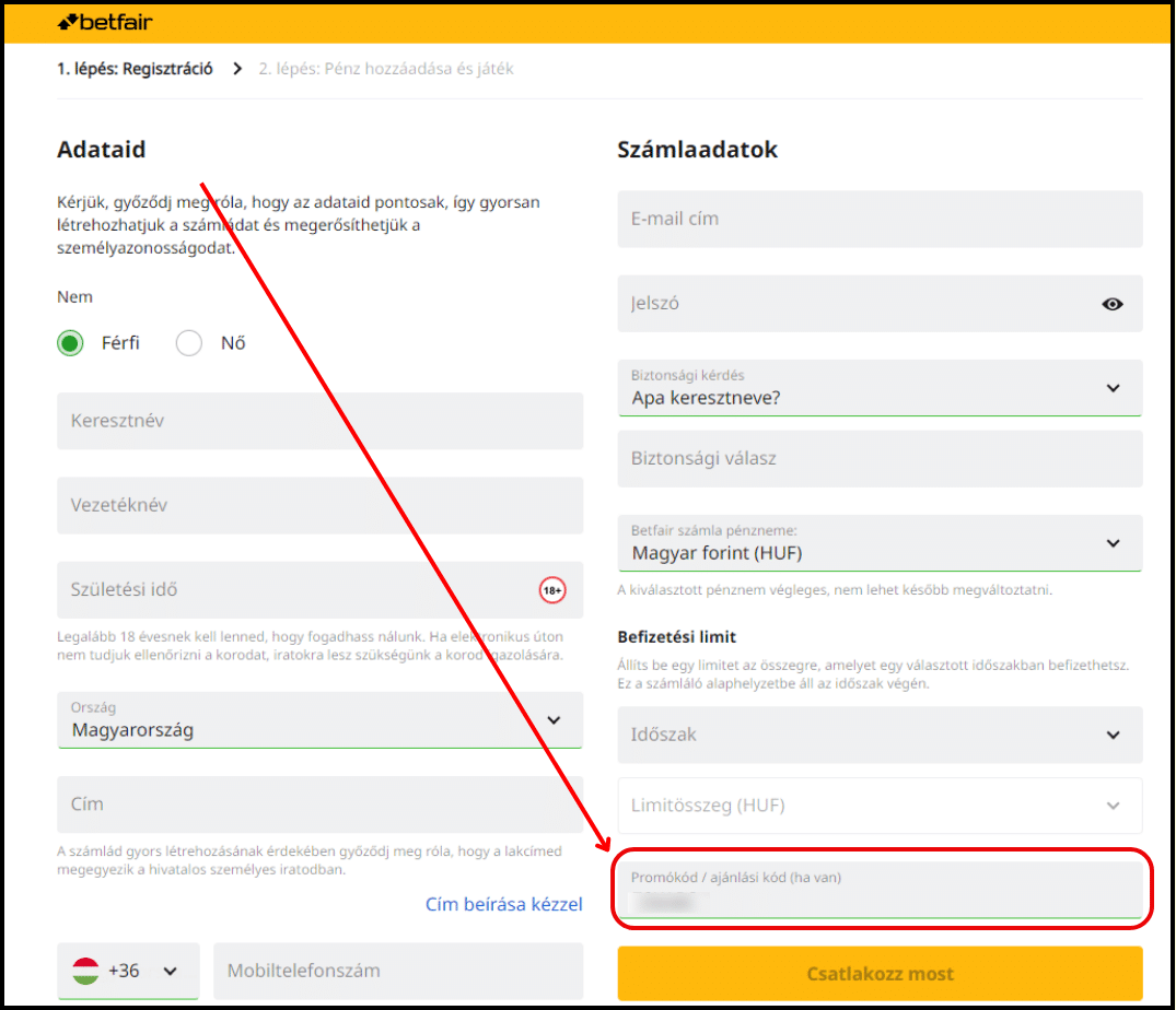 Regisztr&aacute;ci&oacute;s folyamat betfair
