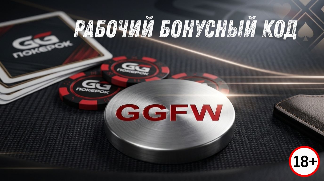 GGPokerOK showing a metal dealer button engraved with the red text "GGFW" on a dark poker table next to branded chips and cards