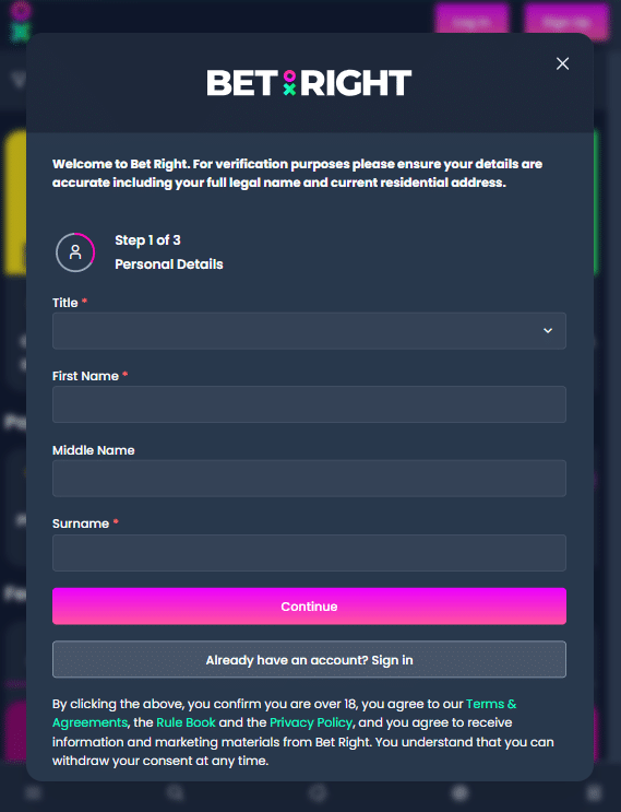 how to sign up on Betright Australia