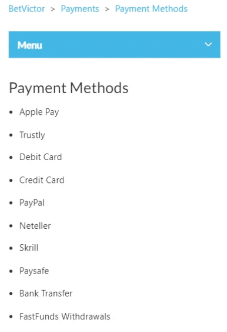 BetVictor payment methods