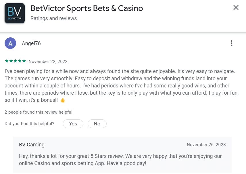 BetVictor reviews Canada google playstore for android