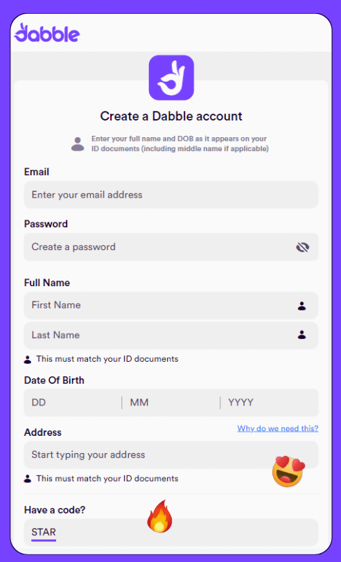 Dabble sign up code star