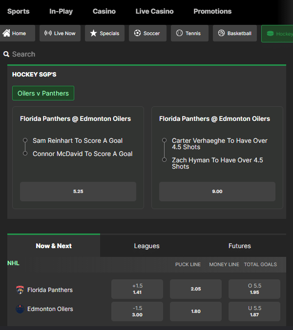 NHL hockey betting on Bet99 - florida panthers vs edmondon oilers