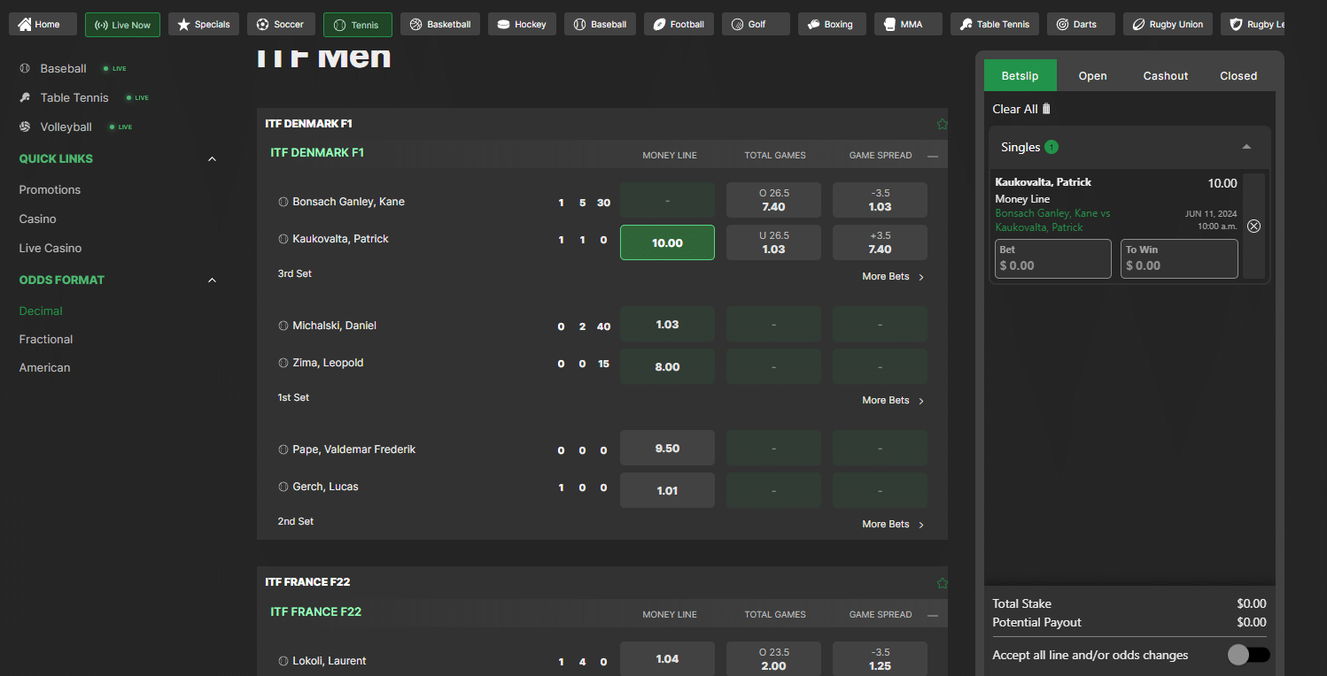 Bet99 live betting and streaming on tennis matches