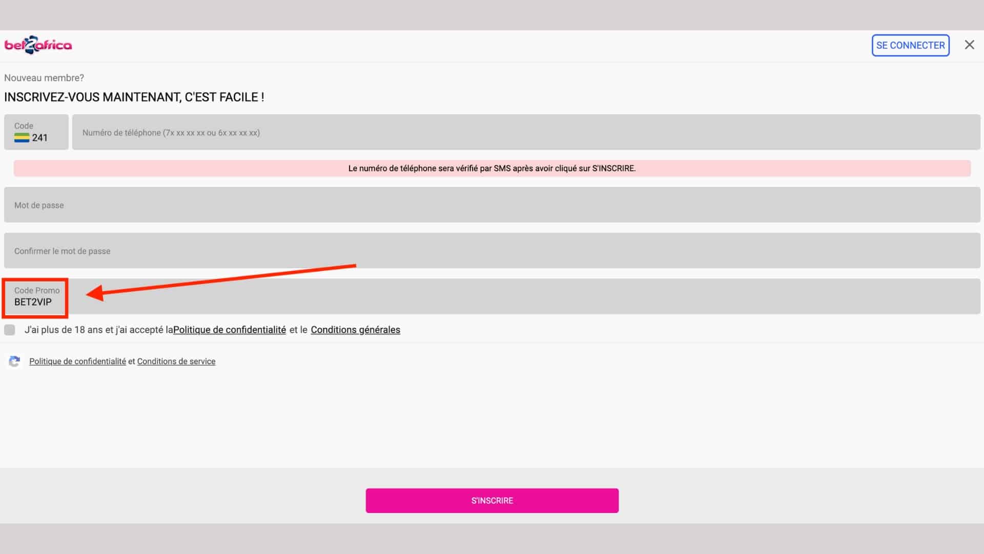 Enregistrez-vous avec un code promo Bet2Africa