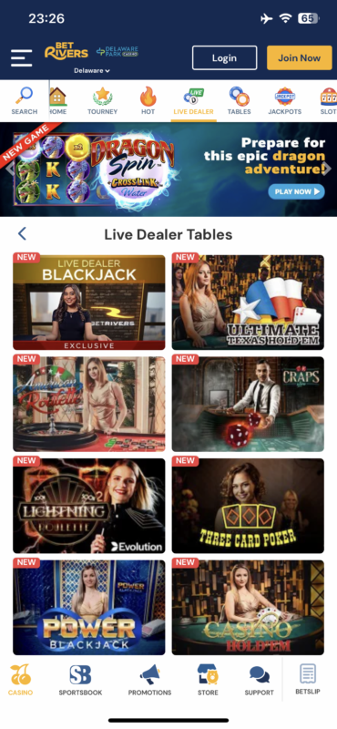 screenshot on mobile of betrivers casino games