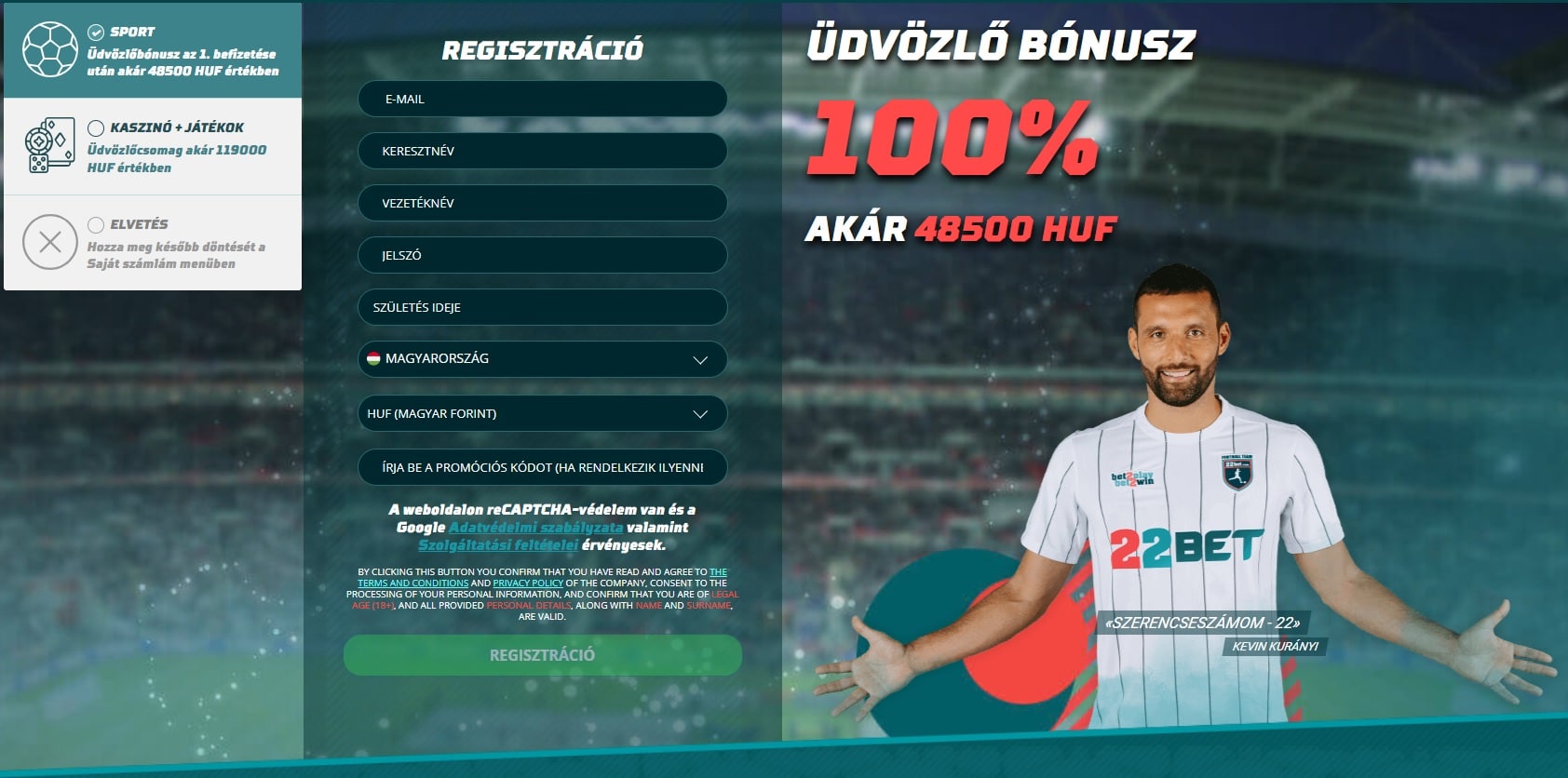 22bet regisztr&aacute;ci&oacute;s űrlap
