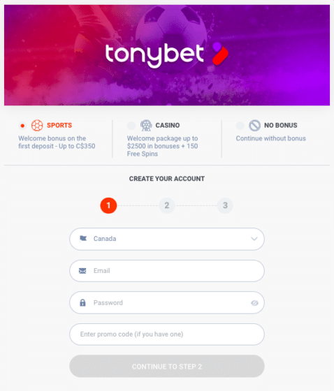 Image of the TonyBet sign up process.