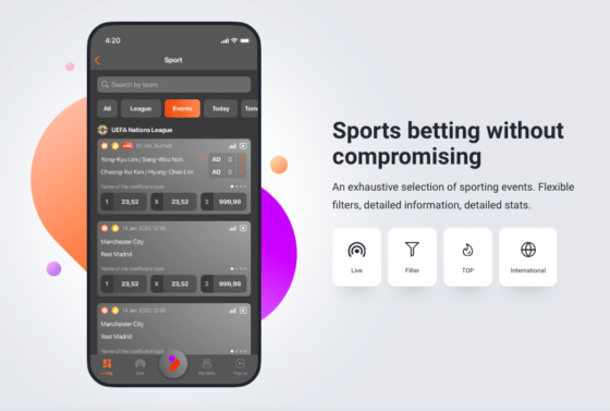 Image of the TonyBet sports markets and betting on the mobile app.