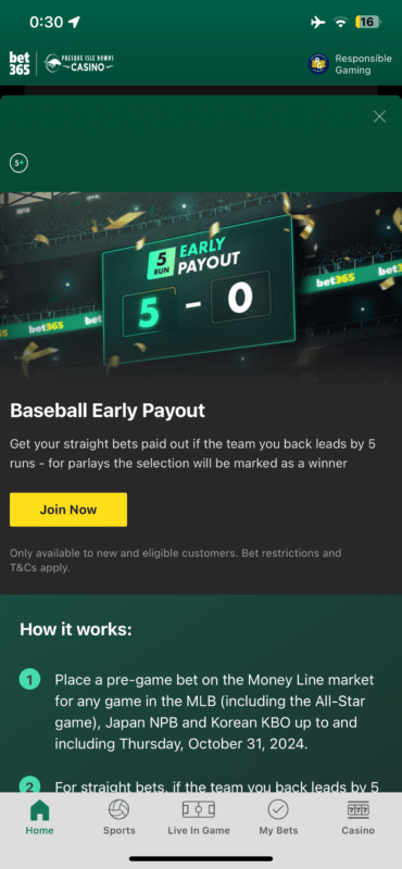 Bet365 PA baseball Early payout offer